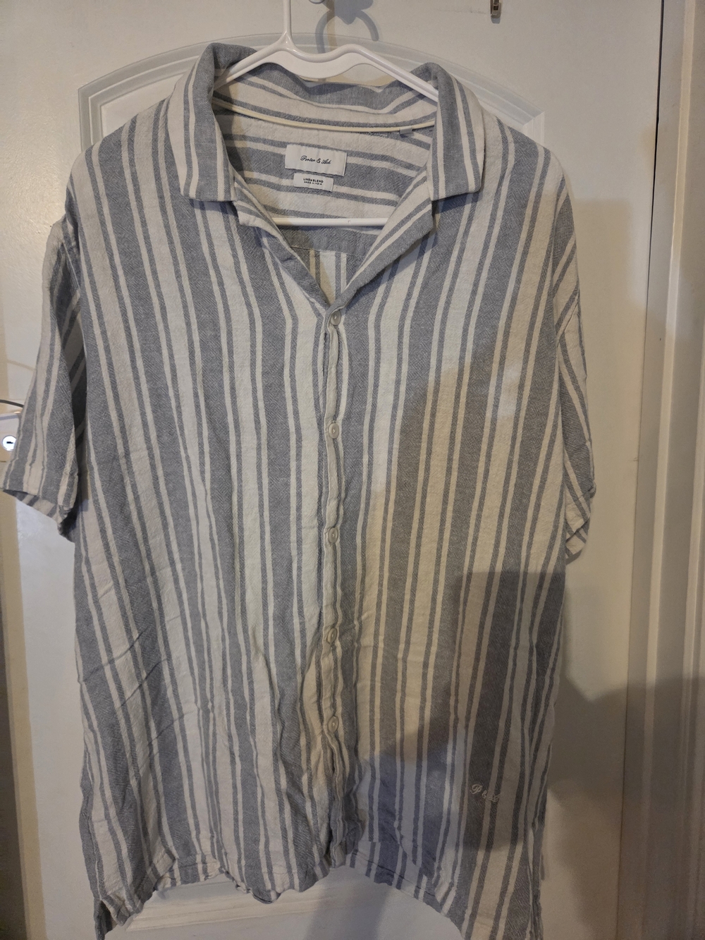 Porter And Ash Linen Blend Short-Sleeve Striped Button-Up Blue & White M XL